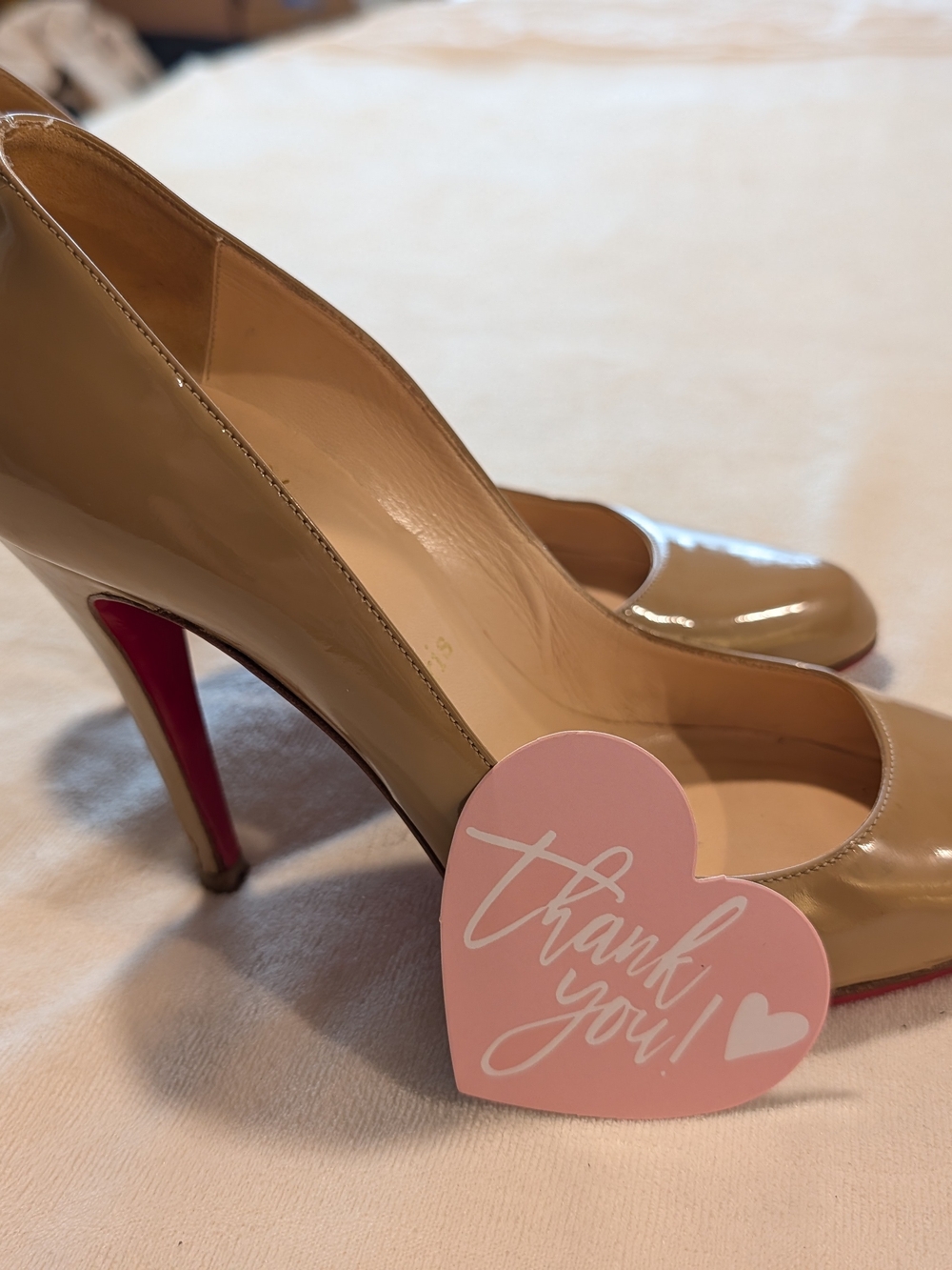 Beige Patent Leather High Heel Pumps with Pink Soles